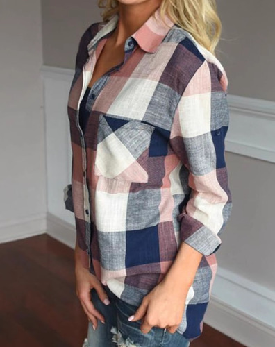 Camisa Casual A Cuadros De Algodón Y Lino Para Mujer