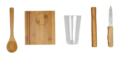 Imagem 3 de 5 de Conjunto Caipirinha De Bambu Colher Pilão Copo Faca Tabua 5p