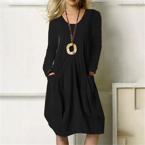 Vestido De Bolsillo Informal Suelto De Lino Y Algodón