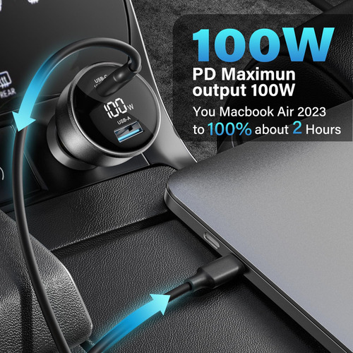 Topadre Cargador De Coche Usb C De 100 W Con Pantalla, Adapt