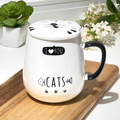 Mug Taza De Cerámica Con Tapa/cuchara Cat I Love U 380ml