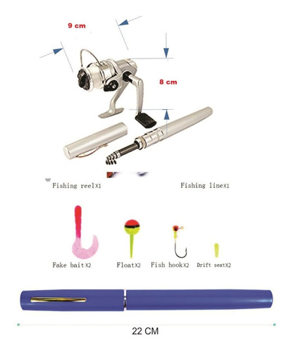 Imagen 3 de 5 de Equipo De Pesca Portatil Caña Lapicera Y Reel Frontal 1,6 Metro Tanza Y Accesorios P-93