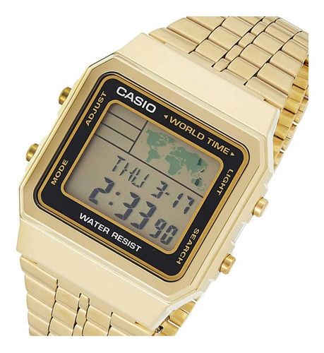 Relógio de pulso Casio Vintage A500WGA-9DF com corpo dourado,  digital, fundo  branco, com correia de aço inoxidável cor dourado, subdials de cor preto, ponteiro de minutos/segundos preto, bisel cor dourado, luz âmbar e fivela de gancho