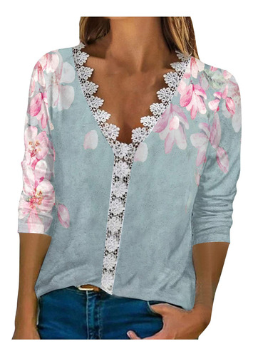 Blusa U De Encaje Estampado Con Mangas Tres Cuartos Y Cuello