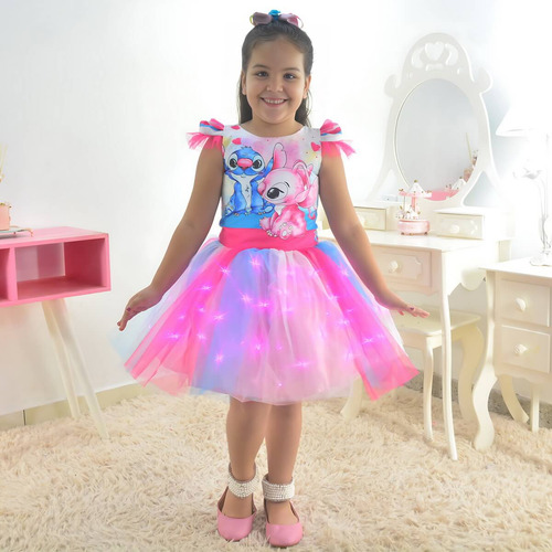 Vestido Stitch E Angel - Saia Tutu Colorido Com Led