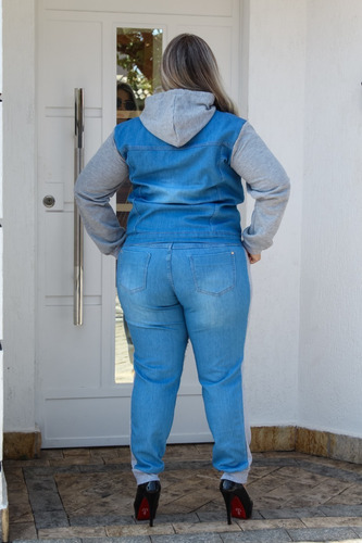 Imagem 2 de 6 de Conjunto Plus Size Calça Jeans E Jaqueta Com Moletom E Capuz