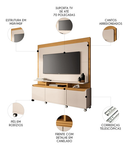 Estante Painel De Tv 70 Pol 180cm Luma H01 Cinamomo/off Whit Cor Marrom amarelado