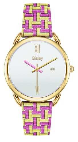 Reloj De Mujer Bisley, Dorado De Cuadros, Tres Agujas