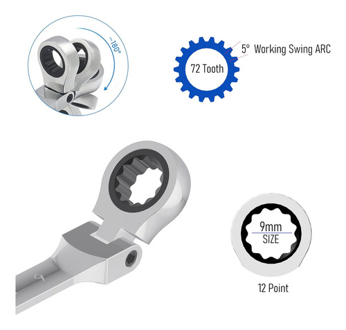 Llave Combinada De Carraca De Cabeza Flexible De 9 Mm, ...