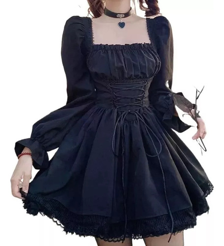 Vestido Negro De Manga Larga Lolita Goth Aesthetic Puff Ed