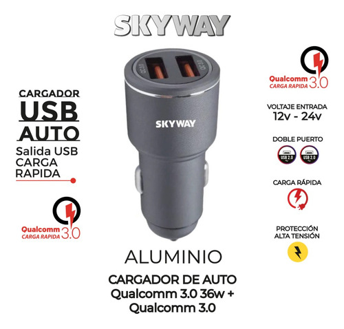Cargador Auto Aluminio Qualcomm 3.0 36w Carga Rapida Celular