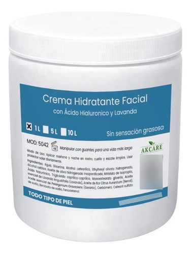 Crema Facial Antiedad Hidratante Hialuronico A Granel 1litro