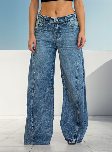 Wide Leg Jean Con Recortes Mujer Rigido