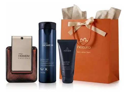 Kit Presente Natura Homem Emocione: 1 Deo Parfum Evolution + 1 Gel Para Barbear 75g + 1 Shampoo 2 Em 1 + 1 Sacola M