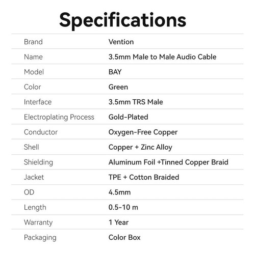 Cable De Audio Premium Vention - Auxiliar Jack 3.5 Mm Miniplug Hi-fi Lossless - 1.5 Metros - Verde Trenzado - Stereo Trs Plug A Plug - Celular Auto Estereo Pc Auriculares Tablet Manos Libres - Baygg