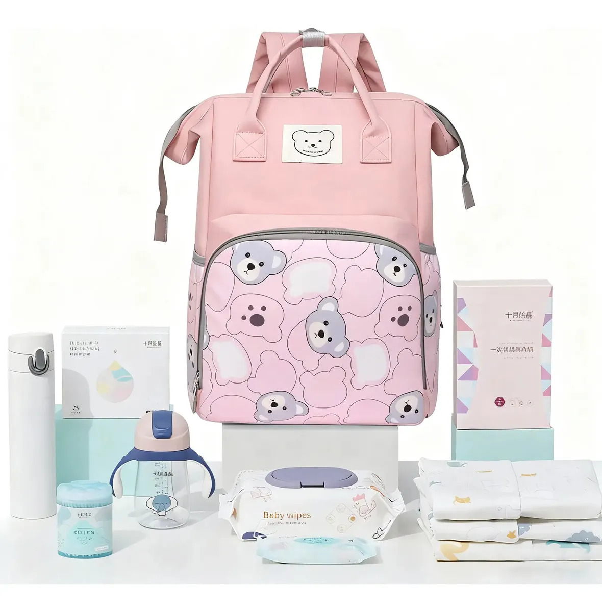 Imagen de Mochila Pañaleras Bebe Bolsa Pañalera Impermeable Multiusos Color Rosa Diseño de la tela Rayas