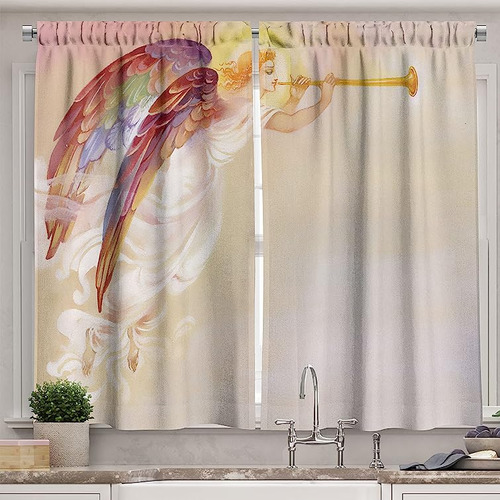 Cortinas Cocina Angel Mujer Con Alas Y Trompeta En Colores P