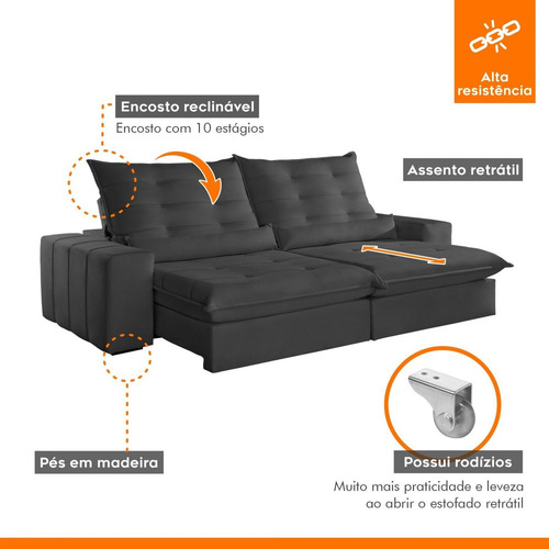 Sofá Retrátil E Reclinável Com Catraca Blindada 250cm Wt