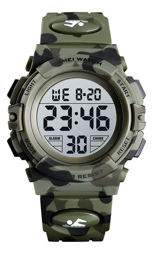 Reloj pulsera Skmei 1548 de cuerpo color army green camouflage, digital, para niños, fondo gris, con correa de poliuretano color army green camouflage, dial negro, minutero/segundero negro, bisel color army green camouflage, luz verde y hebilla simple