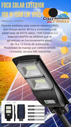 Imagen 3 de 9 de Luz Exterior Foco Solar 100w Alta Eficiencia Sensor+control