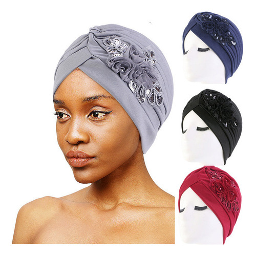 Gorro Doblado Con Forma De Turbante Con Lentejuelas Y Flores