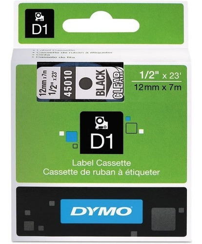 Cinta de etiquetado Dymo D1 de 12 mm x 7 m, color negro y transparente