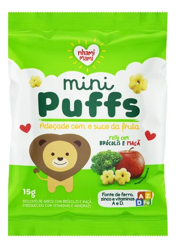 Biscoito Nhami Mami Mini Puffs de brócolis e maçã sem glúten sem sal 15 g