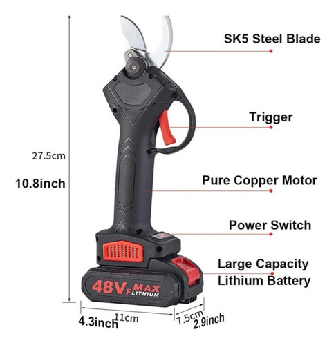 Tesoura Elétrica De Poda 48v Sem Fio Com 2 Baterias Kit