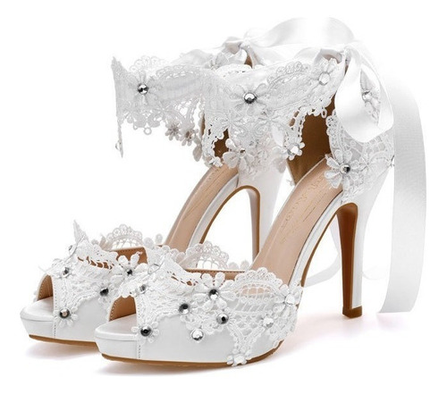 Zapatos Boda De Encaje Tacones Altos De Novia Encaje Blanco