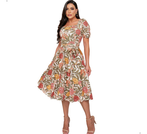 Vestido Midi Floral Em Malha Fluit Forrado Moda Evangélica