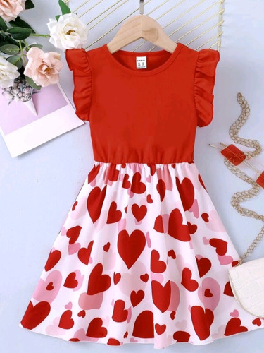 Vestido Rojo Corazones Shein Niña 6 Años Manguitas Fruncido