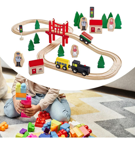 Juego De Trenes Y VĂas De Madera, Juguetes 39 Piezas