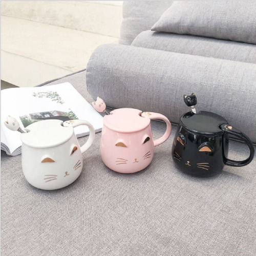N Caneca De Cerâmica Com Cara De Gato Kawaii, Tampa E Colher