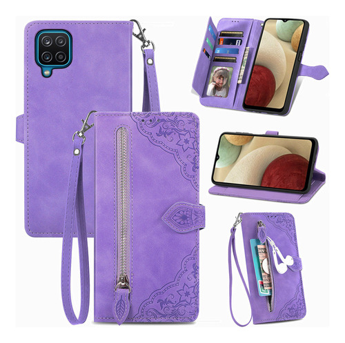 Funda De Piel Emboss Flower Cards Slot Bag Para Galaxy Zippe