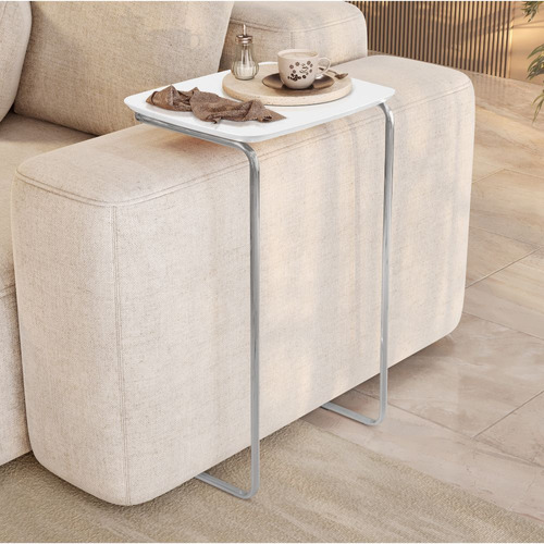 Mesa Ultraflex Lateral Aproximação Sofá Branca Base Cromada Cor Tampo Branco Base Cromada