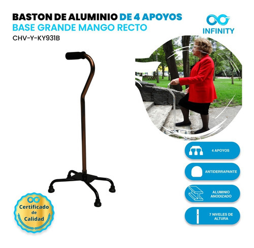 Bastón De Aluminio Infinity 4 Apoyos Base Grande Mango Recto Color Bronce