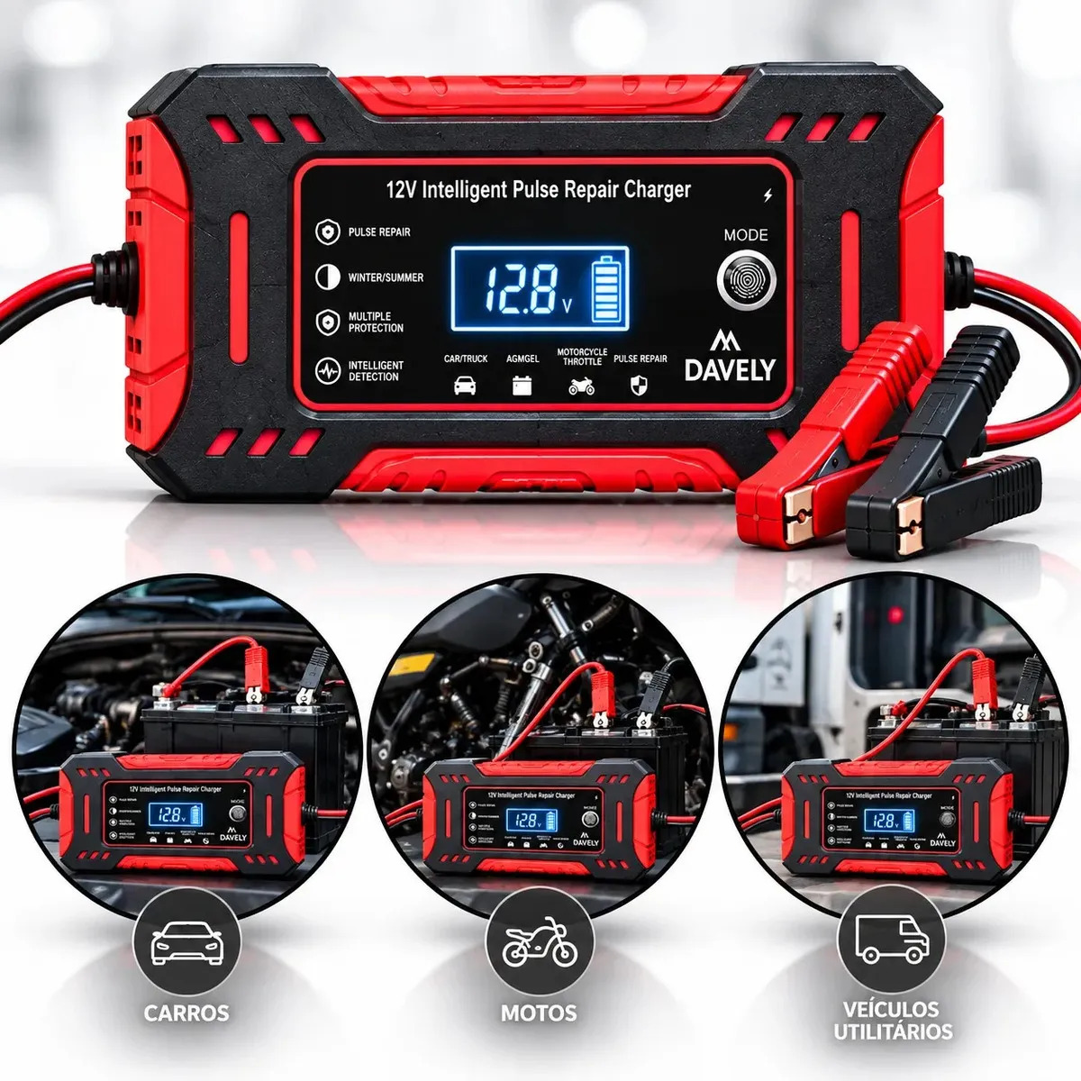 Carregador de Bateria 12V 6A Bivolt Inteligente Carro Moto Caminhão Automotivo 4Ah a 100Ah com Função Reparo Display Digital Proteção