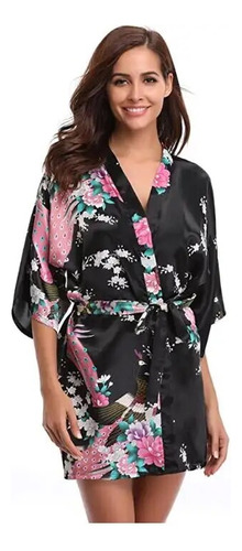 Vestido Tipo Kimono Floral, Bata De Satén De Seda, Camisón C