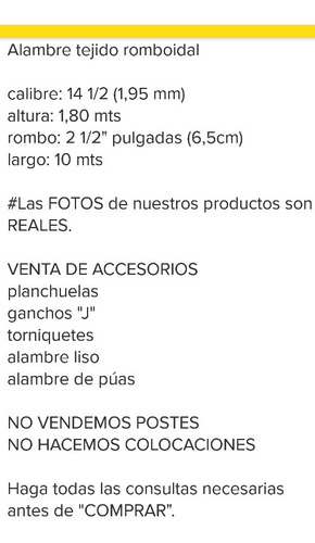 Alambre Tejido Romboidal 1,80 X 10 Mts X 2 1/2 Pulg N°14 1/2