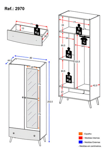 Guarda Roupa 100% MDF com espelho, 2 ptas e 1 gav Doçura Multimóveis Bco/Cza/Ros
