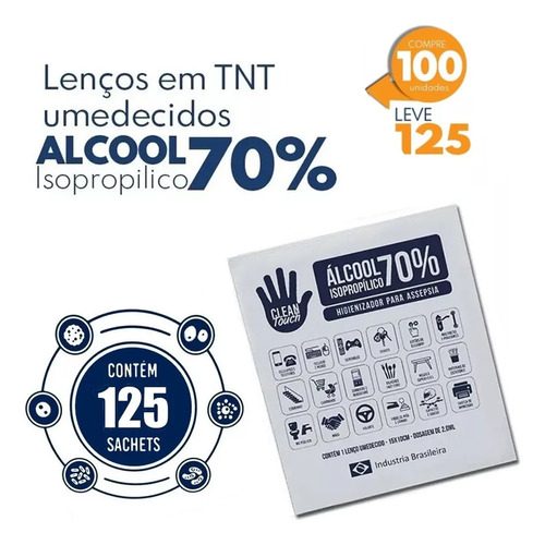 Lenço Umedecido Com Alcool Em Gel 70% Pack C/100 Unid