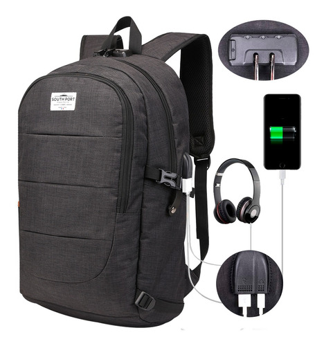 Mochila Antirrobo South Port Porta Notebook Candado Usb Auri Color Negro