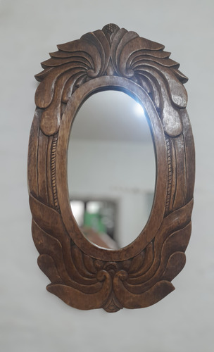 Espejo Antiguo Oval Con Marco De Madera Tallado Decorativo Marrón (Usado)