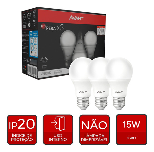 Kit 3 Lâmpada Led Avant Pera 15 W 127/220v Branco-frio
