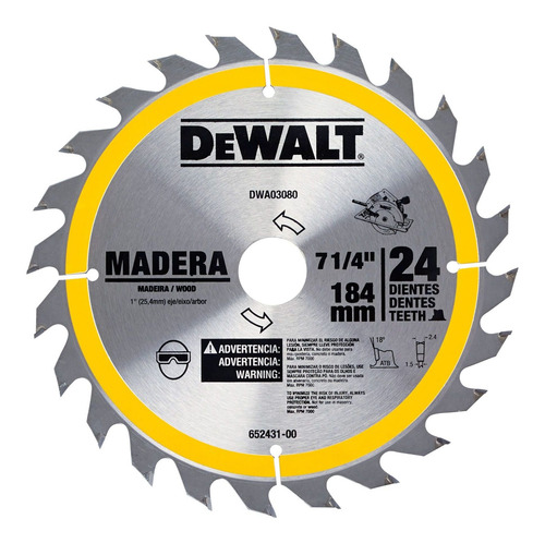 Imagen 1 de 2 de Disco Sierra 7-1/4'' 24 Dientes Para Madera Dewalt Dwa03080