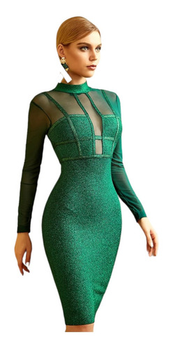 Vestido Bandage Verde Brillante Manga Sexy Elegante Casual