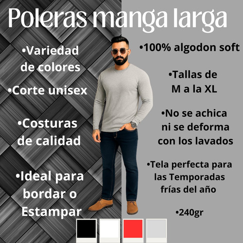 Polera Manga Larga Suave Resistente Buen Calce 100% Algodón