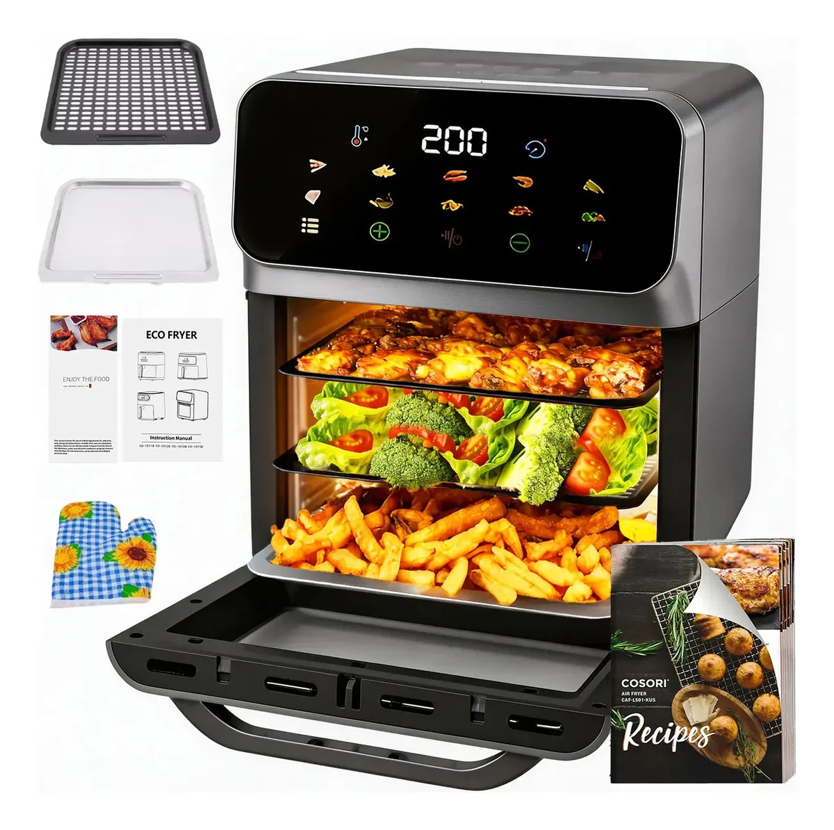 Freidora De Aire Multifunción Horno De Aire ,Extra gran capacidad,1500W Freidora De Aire Digital Touch Negro Con Parrilla, Horno Freidora De Aire Para Barbacoa, Fritura, Deshidratación y Panadería