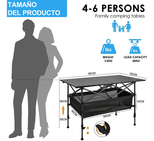 Mesa Plegable Camping Portátil De Jardin Exterior Ajustable Negro