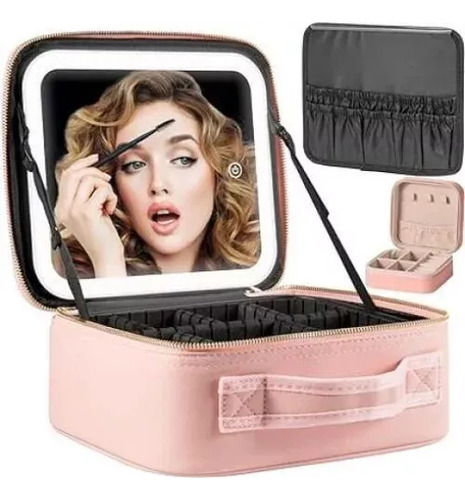 Bolsa De Maquillaje Con Espejo Y Luz, Organizador De Viaje [